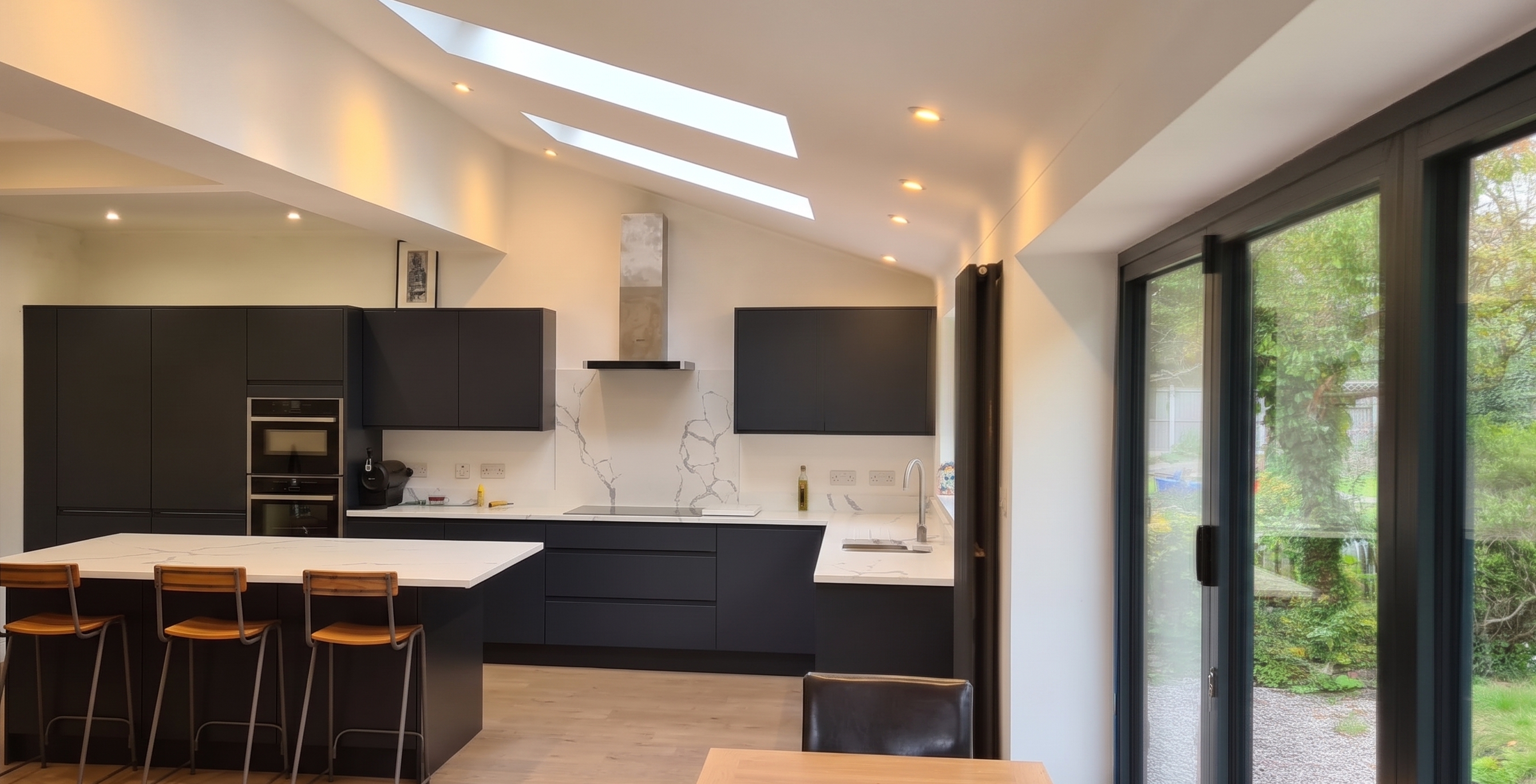 Dark, modern renovated kitchen with skylight, island seating, and sliding doors to the garden